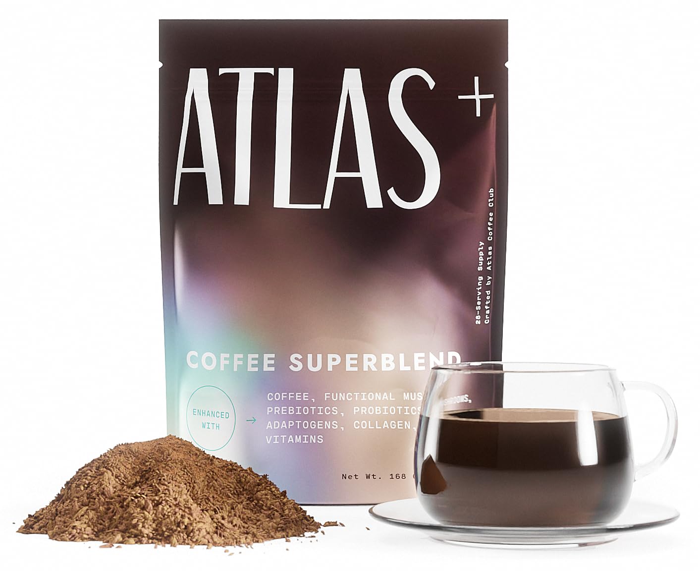 Atlas+ Mushroom Coffee Superblend– Premium Coffee with Collagen, Probiotics, D3 & B12, Lion’s Mane, Reishi, Cordyceps– for Energy, Focus, Immunity & Gut Health– 28 Servings (1 Bag)