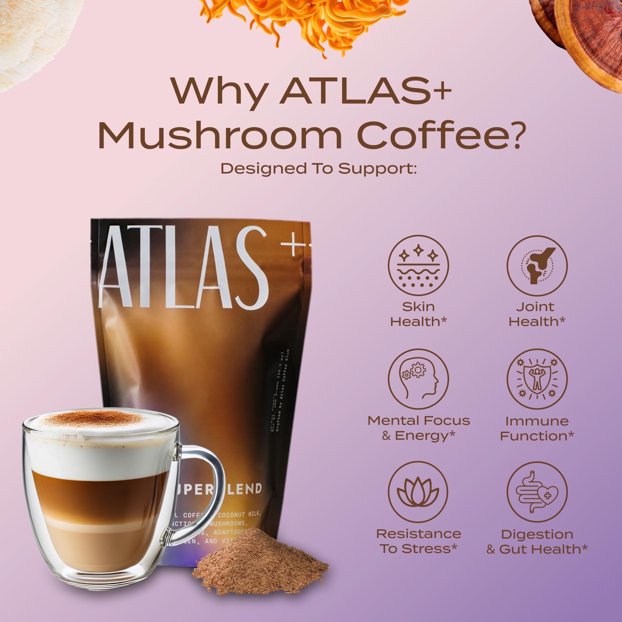 Atlas+ Mushroom Coffee Superblend– Premium Coffee with Collagen, Probiotics, D3 & B12, Lion’s Mane, Reishi, Cordyceps– for Energy, Focus, Immunity & Gut Health– 28 Servings (1 Bag)